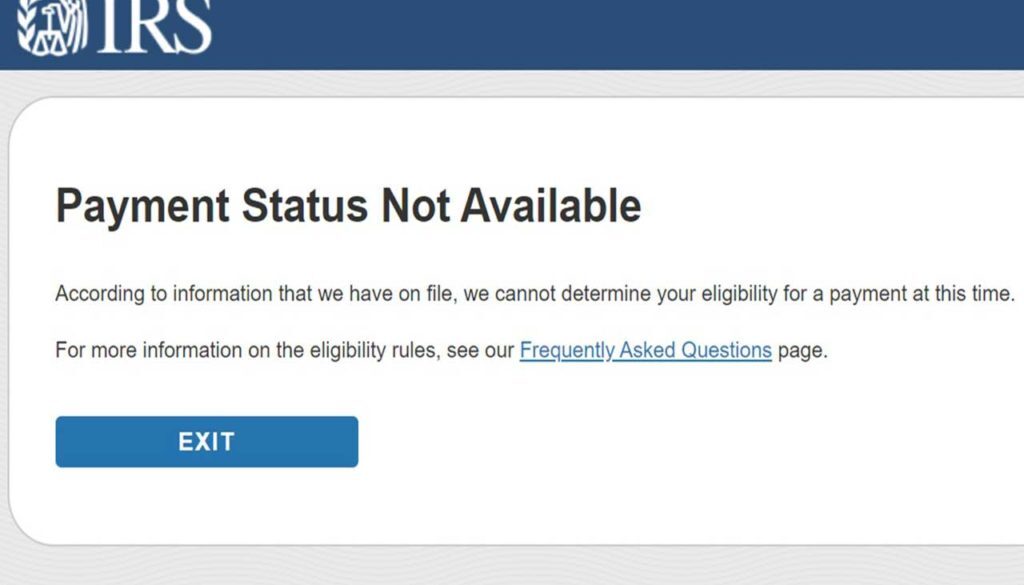 IRS Payment Status Not Available screen with EXIT button and link to Wisconsin financial planning FAQs by fiduciary advisors.