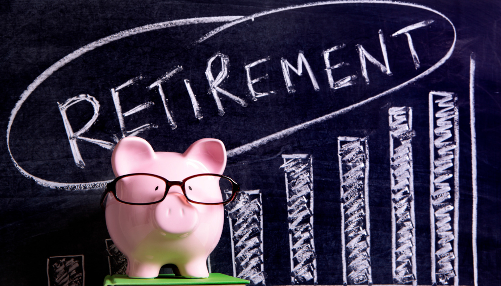 A piggy bank with glasses sits in front of a bar graph and "Retirement," highlighting financial planning in Wisconsin.