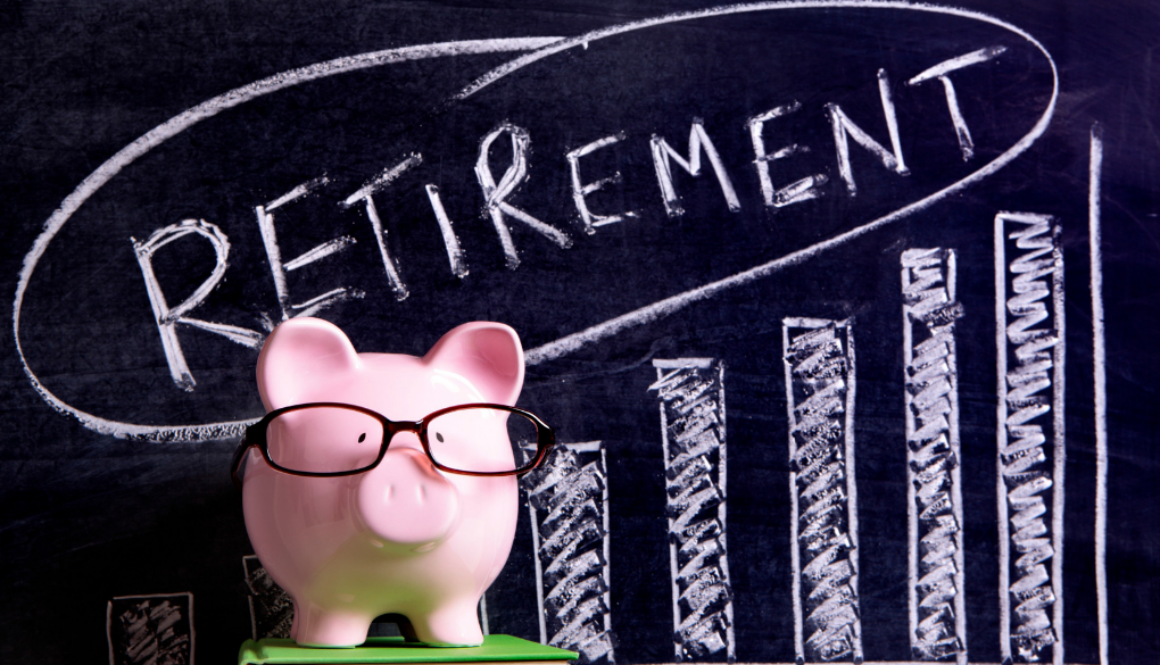 A piggy bank with glasses sits in front of a bar graph and "Retirement," highlighting financial planning in Wisconsin.