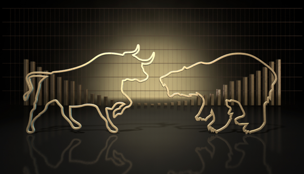 Outline figures of a bull and bear face off before a glowing bar chart, representing Wisconsin financial planning and tax services.