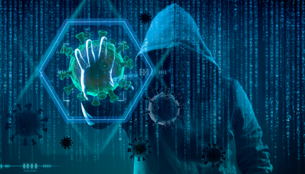A hooded figure touches a digital virus icon among floating viruses and graphics representing Wisconsin accounting services.