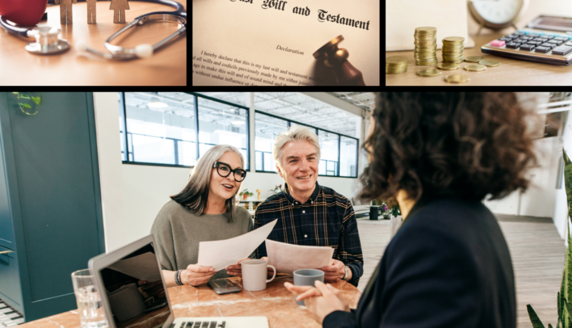 A couple in Wisconsin discusses estate planning with a fiduciary financial advisor as icons of a will, money, and clock appear above.