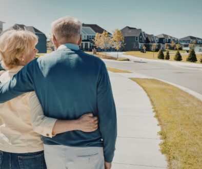 Elderly couple embracing while on a walk in an affulent neighborhood.