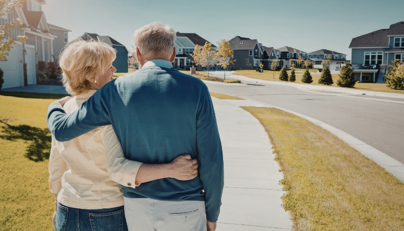 Elderly couple embracing while on a walk in an affulent neighborhood.